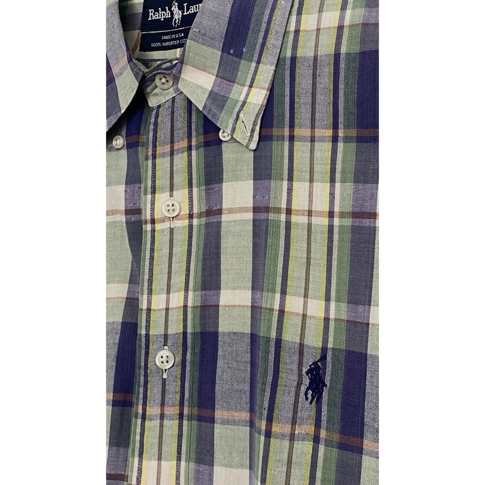 Vtg Polo Ralph Lauren Short Sleeve Shirt Men's Large Plaid Button Up Made in USA - Picture 3 of 8